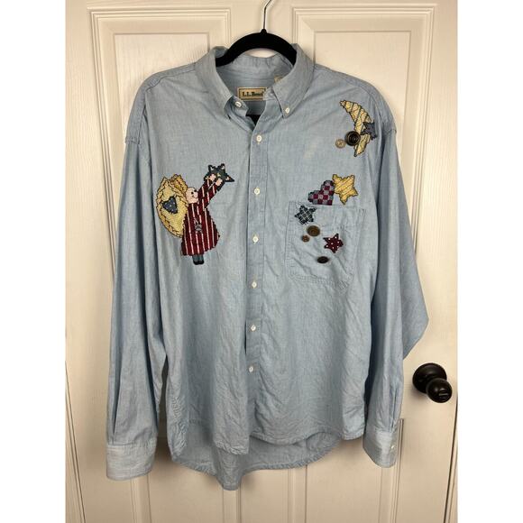 L.L. Bean 90s Embroidered Angel Celestial Denim Jean Shirt Blouse 2X Womens - Picture 7 of 7